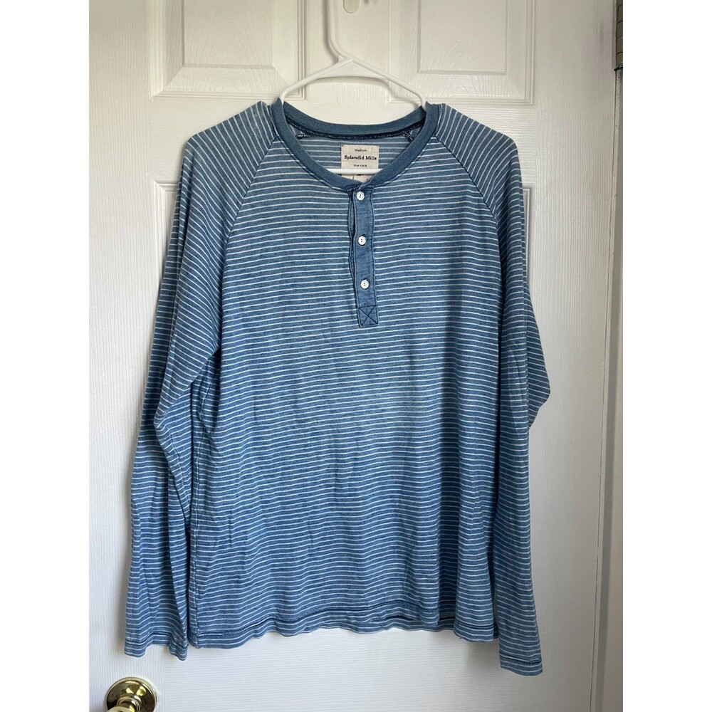 Splendid Mills Shirt Mens M Henley Striped three button blue long sleeve READ!!